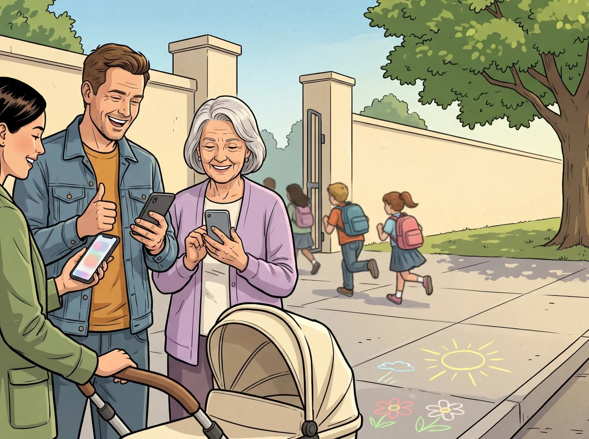 Parents at school pickup chip in from their phones, smiling