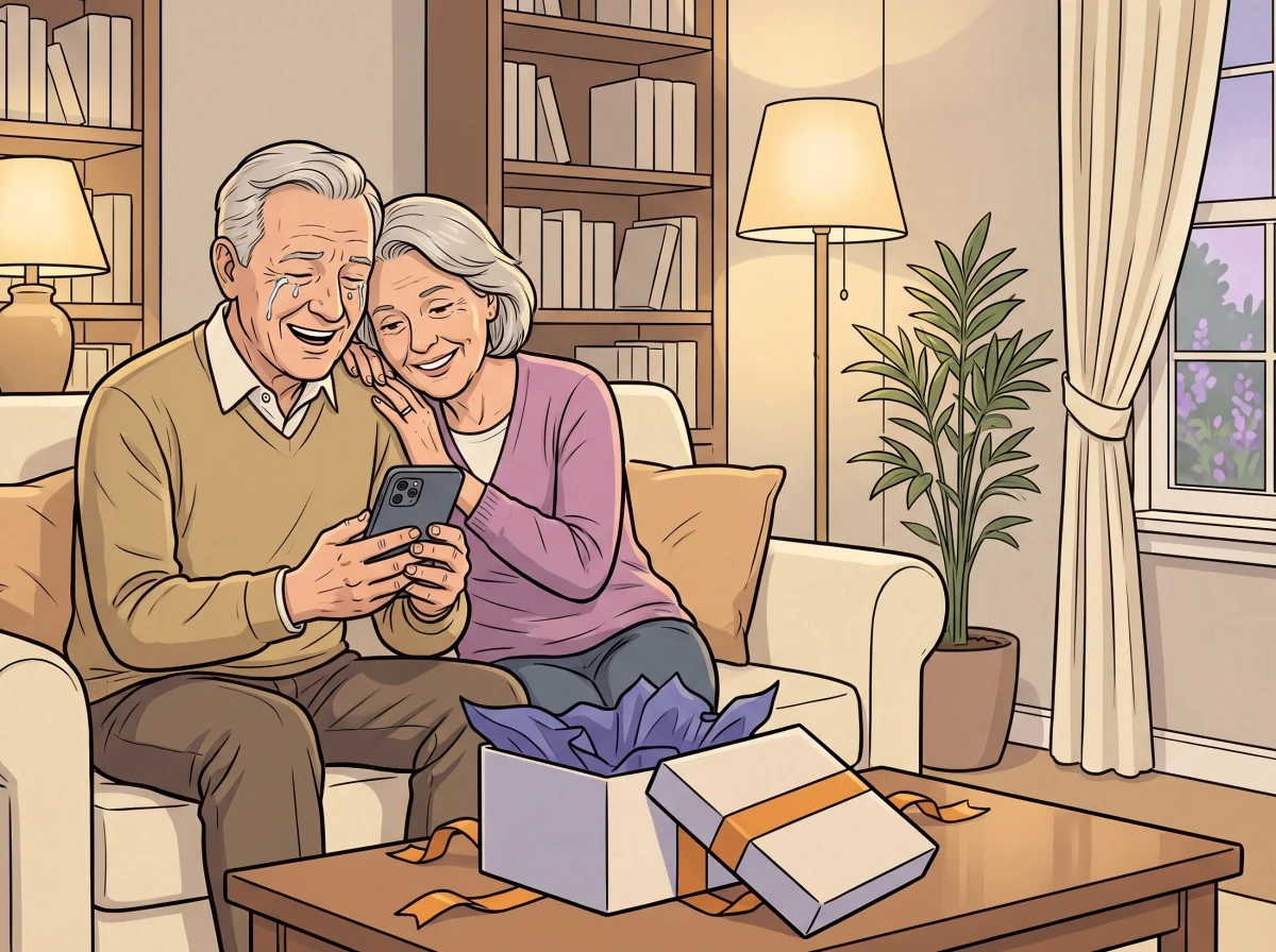 A newly retired man laughs with happy tears reading his colleagues' messages, his wife beside him