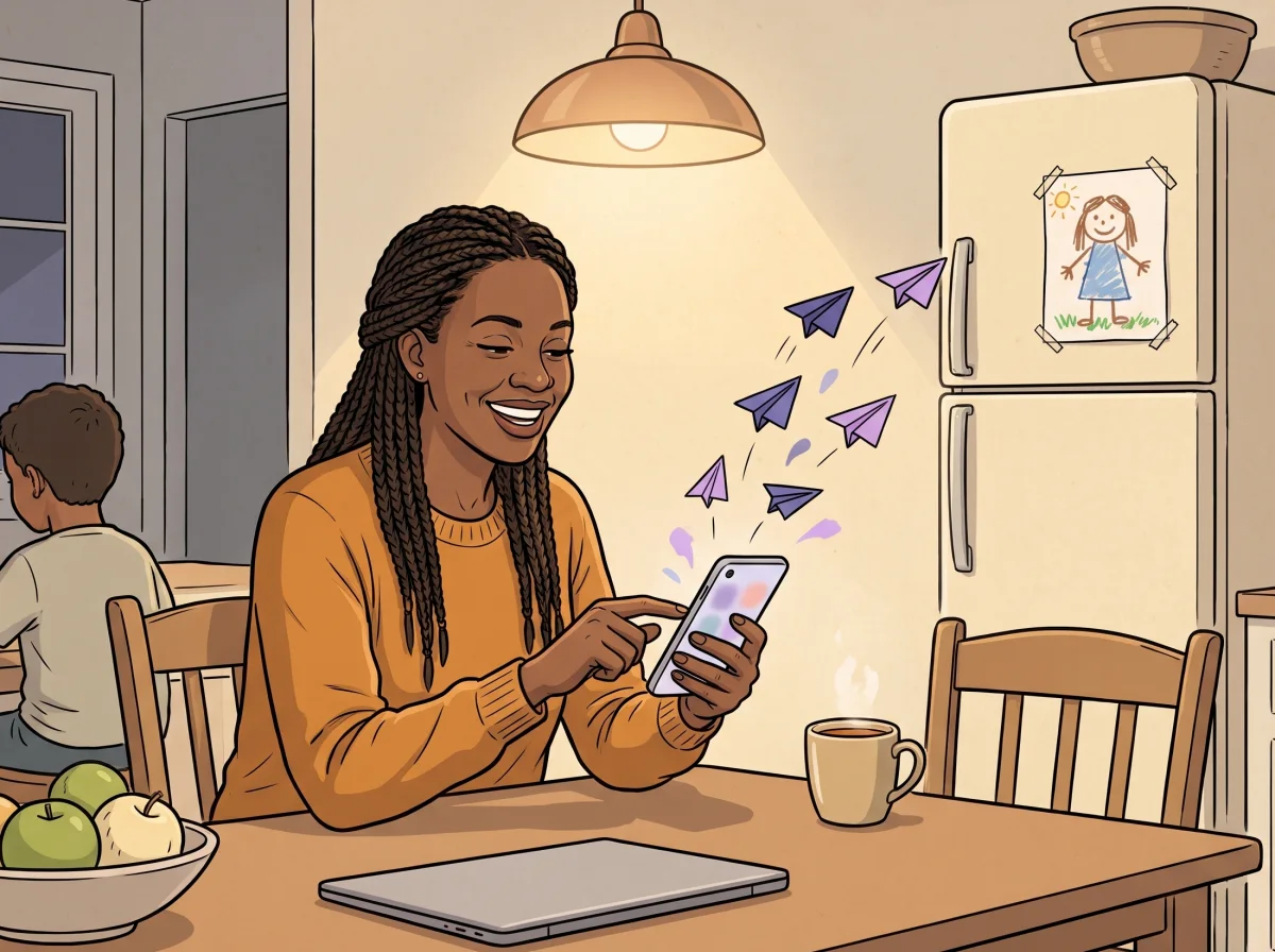 A parent at her kitchen table shares the pool's link from her phone