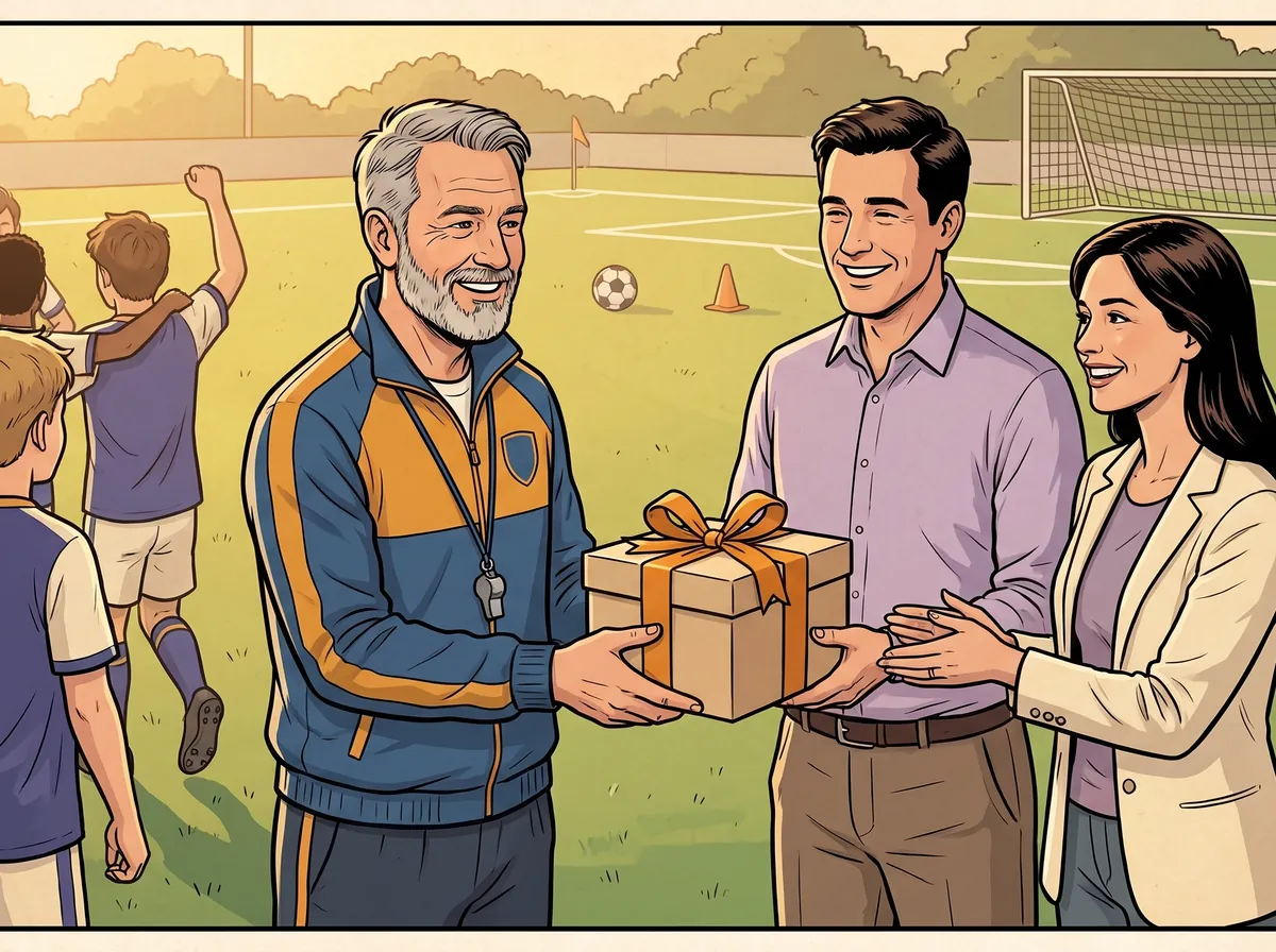 Parents give a thank-you gift to their children's soccer coach
