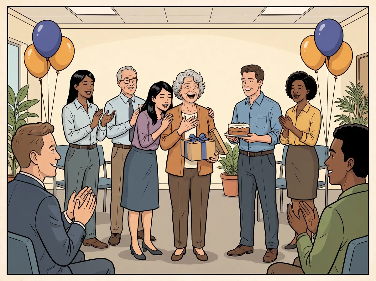 Coworkers surprise a colleague with a farewell gift