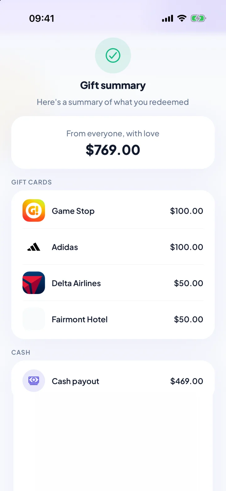 The KadoPool app's gift summary: $769 from everyone, as gift cards and cash