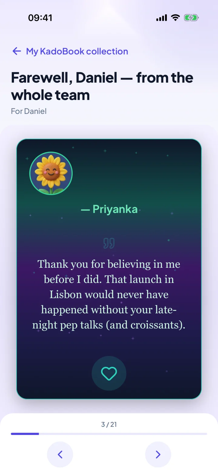 An example KadoBook page in the KadoPool app: Priyanka's message for a colleague's farewell