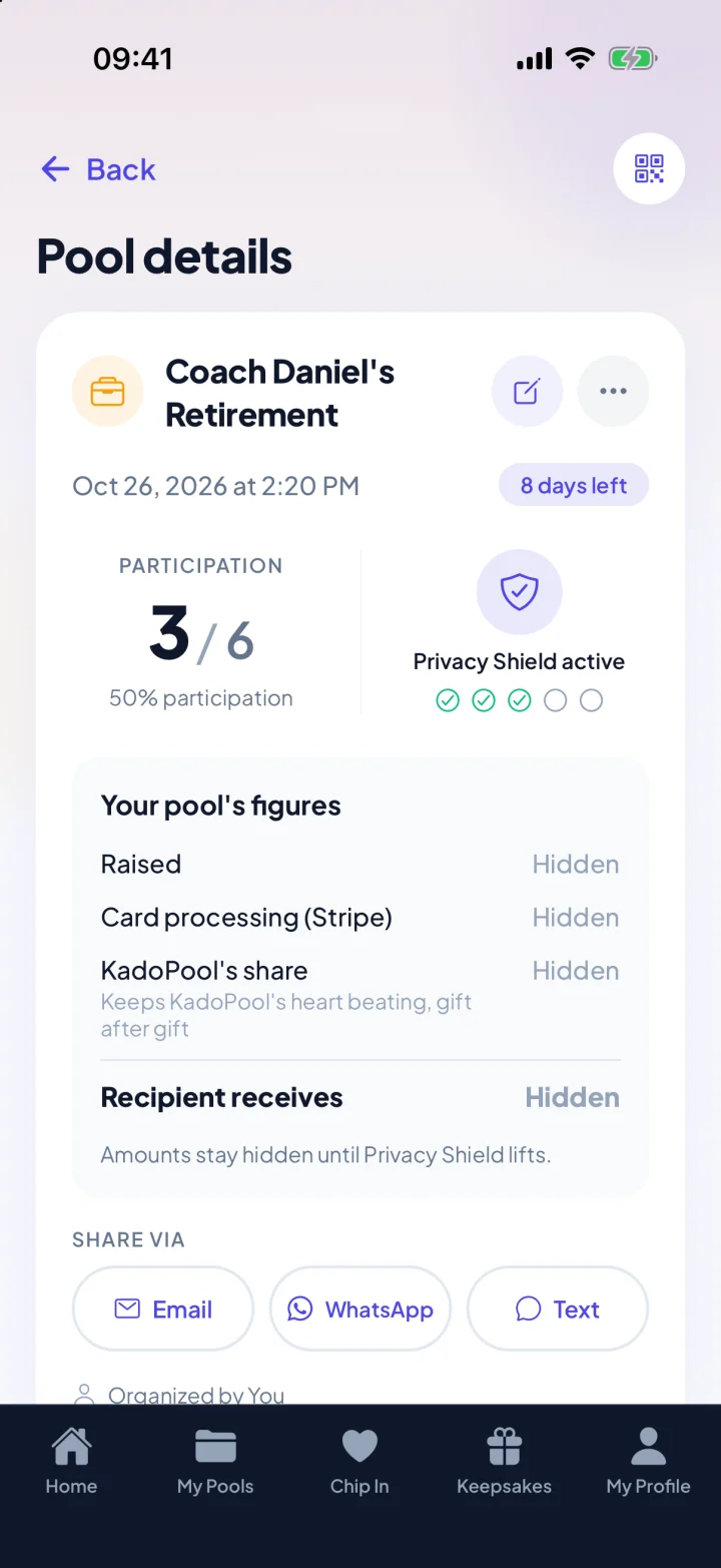 The organizer's view of a pool in the KadoPool app: 3 of 6 people have chipped in, and every amount stays hidden (example)