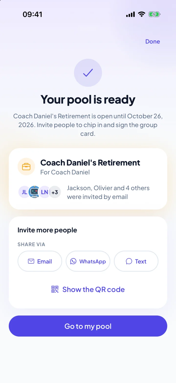 The KadoPool app right after starting a pool: Your pool is ready, with buttons to share the link by e-mail, WhatsApp or text (example)